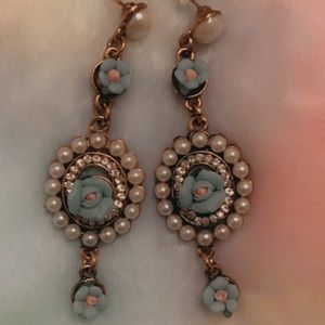 💗Vintage Antique Romantic Fairytale Pink & Blue flower & Pearl Drop Earrings